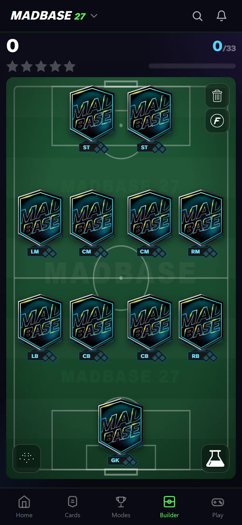 The Squad Builder screen